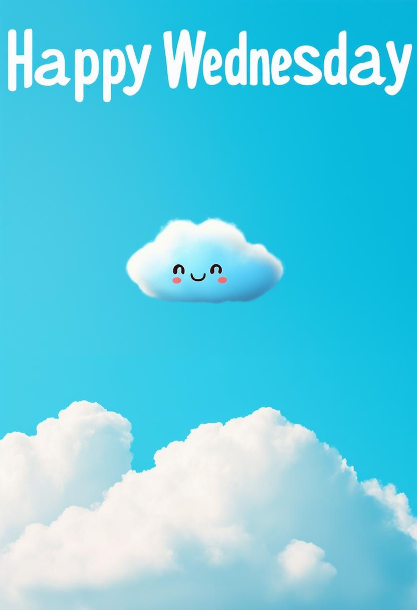 Design a 'Happy Wednesday' book cover featuring a clear blue sky with one cute cloud and neon text, rendered in 32k HD, capturing a masterpiece of charm and simplicity