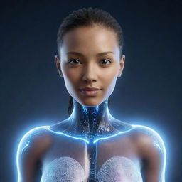 An AI avatar introducing itself against a digital backdrop, light pulsing from its heart as it exudes intelligence and friendliness.