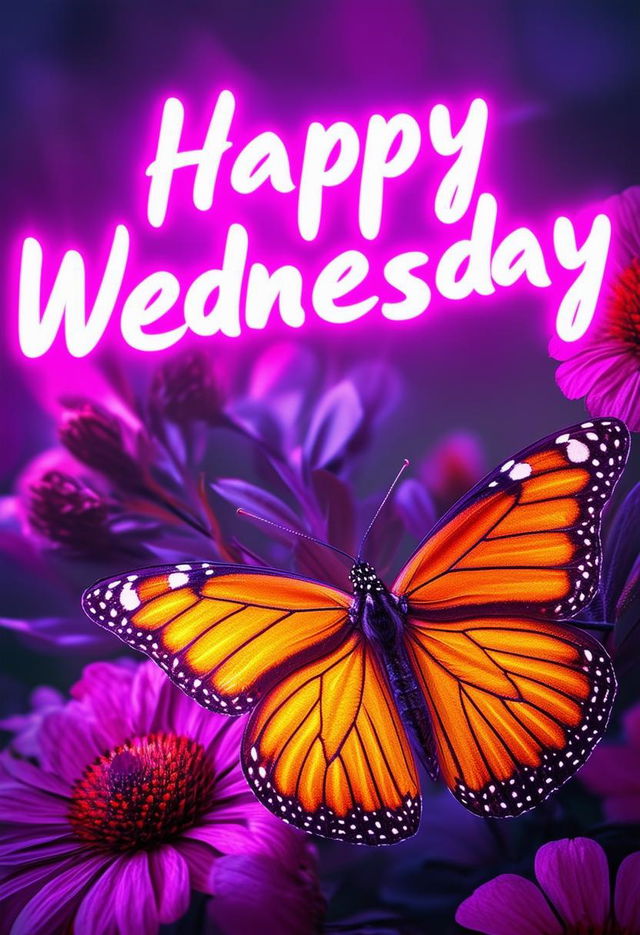 Design a 'Happy Wednesday' book cover featuring a beautiful butterfly background with neon text, rendered in 32k HD, capturing a masterpiece of natural beauty and tranquility