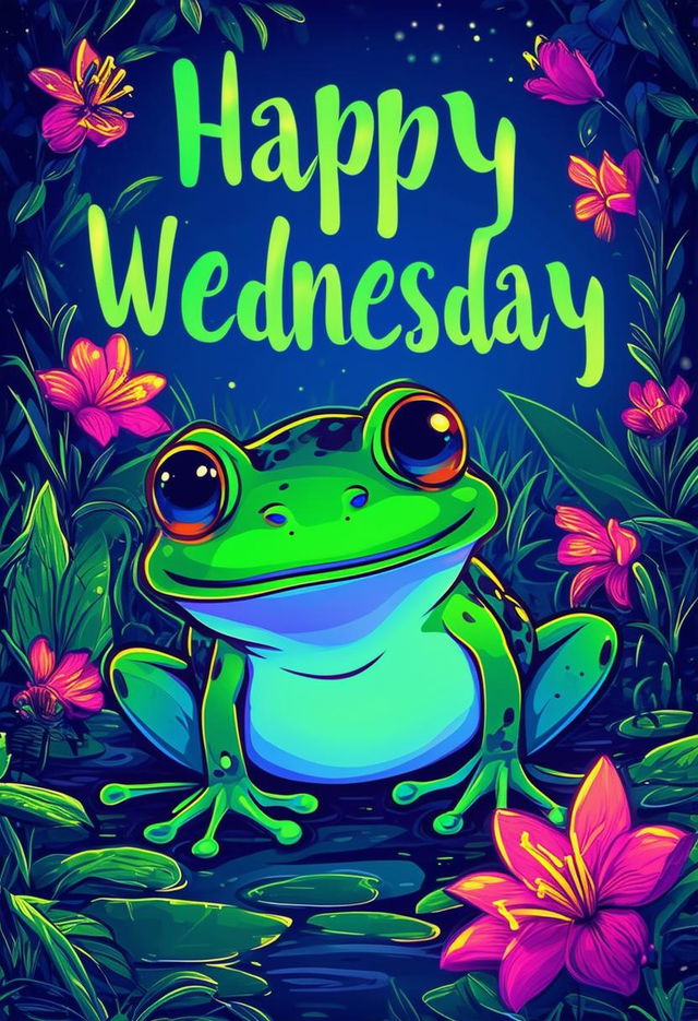 Design a 'Happy Wednesday' book cover featuring a cute frog-themed background with neon text, rendered in 32k HD, capturing a masterpiece of charm and whimsy