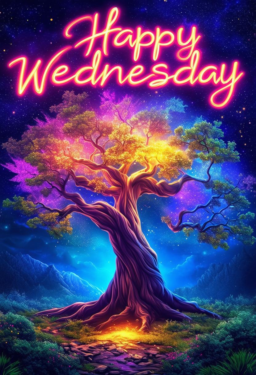 Design a 'Happy Wednesday' book cover featuring a breathtaking Tree of Life background with neon text, rendered in 32k HD, capturing a masterpiece of natural beauty and inspiration