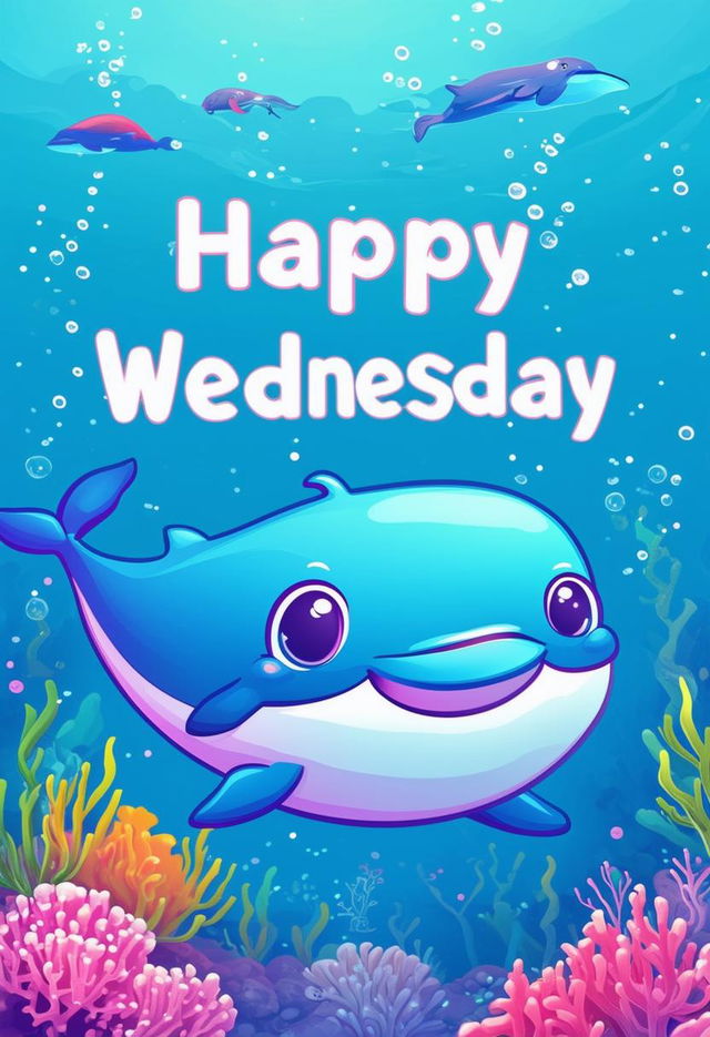 Design a 'Happy Wednesday' book cover featuring a cute whale-themed background with neon text, rendered in 32k HD, capturing a masterpiece of charm and underwater whimsy