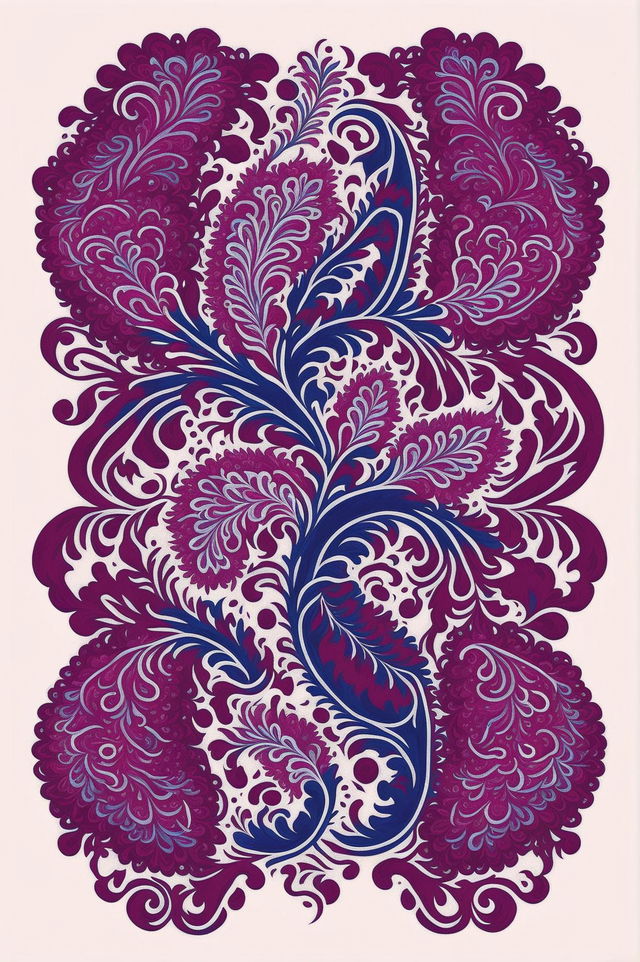 Create a beautiful, vibrant Paisley Print design in pink and blue, with intricate and detailed patterns, suitable for fashion, textiles, or decor