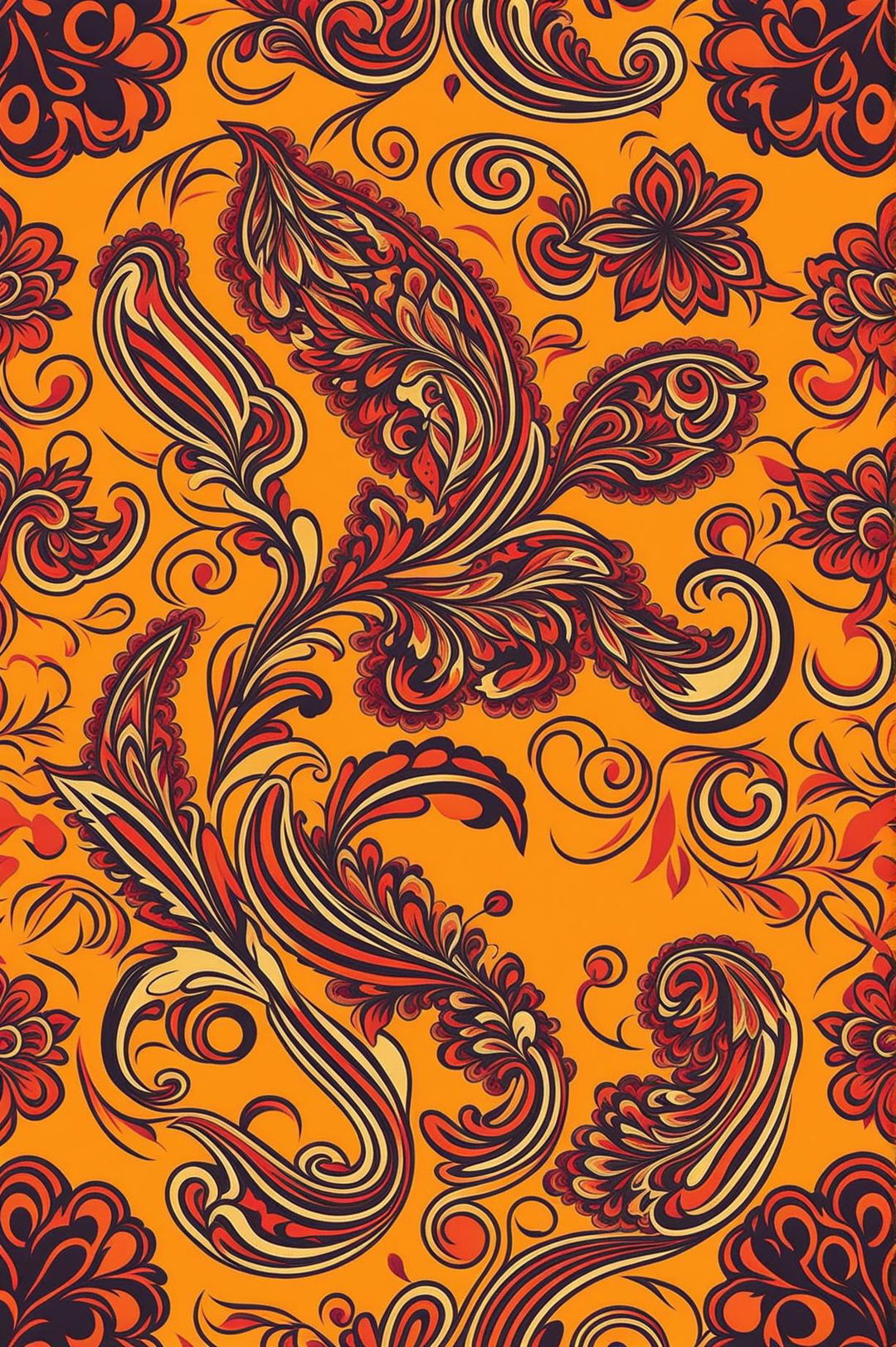 Create a vibrant and interesting Paisley Print design with classic motifs and bold orange hues, suitable for fashion, textiles, or decor