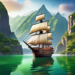 A fantastical pirate ship sailing on a serene lake surrounded by towering mountains