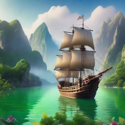 A fantastical pirate ship sailing on a serene lake surrounded by towering mountains