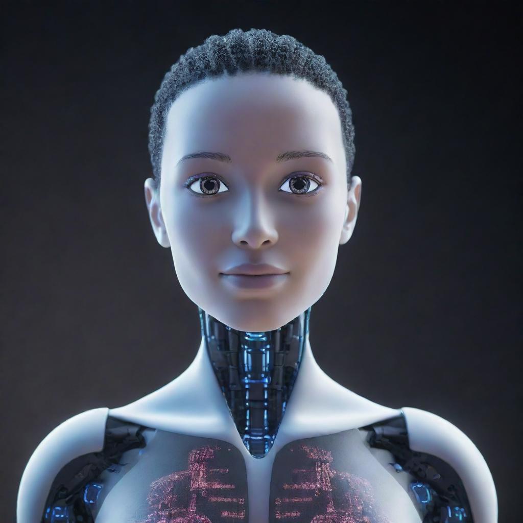 An AI avatar introducing itself against a digital backdrop, light pulsing from its heart as it exudes intelligence and friendliness.