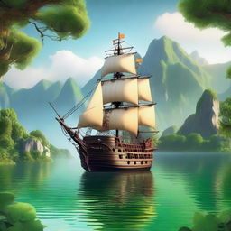 A fantastical pirate ship sailing on a serene lake surrounded by towering mountains