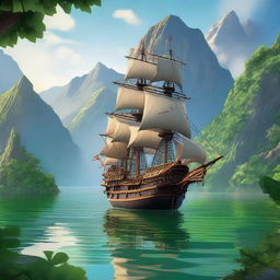 A fantastical pirate ship sailing on a serene lake surrounded by towering mountains