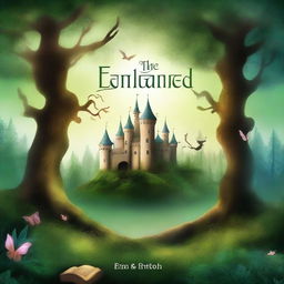 Create a captivating book cover featuring an enchanted forest with mystical creatures and a hidden castle in the background