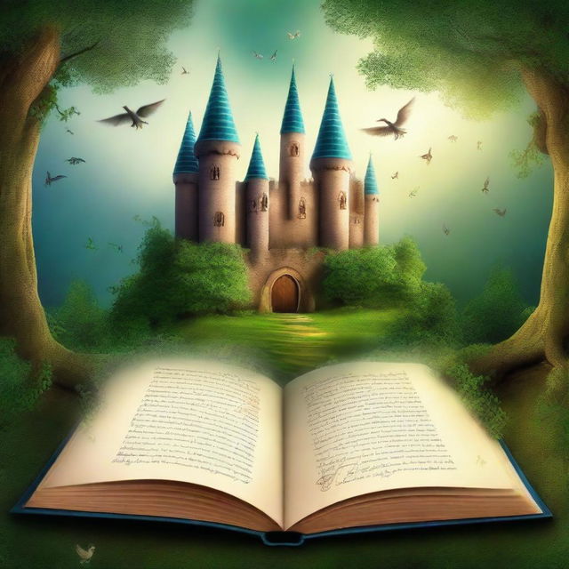 Create a captivating book cover featuring an enchanted forest with mystical creatures and a hidden castle in the background