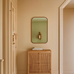 A classic, small entrance hall with modern influence, featuring a rattan closet. The color scheme boasts shades of beige and pistachio, and is completed by a tastefully positioned mirror.