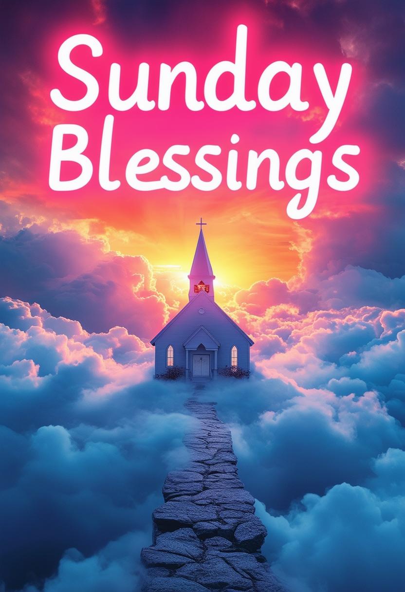 A beautiful book cover titled 'Sunday Blessings' with neon text. The cover features a heavenly church above the clouds.