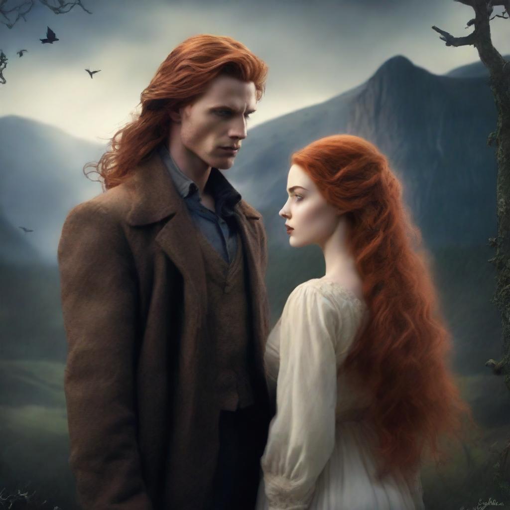 A beautiful human woman with long ginger hair is standing in the wilderness, looking towards the viewer