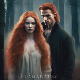 A beautiful human woman with long ginger hair is standing in the wilderness, looking towards the viewer