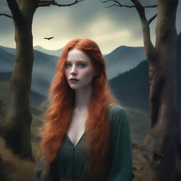 A beautiful human woman with long ginger hair is standing in the wilderness, looking towards the viewer