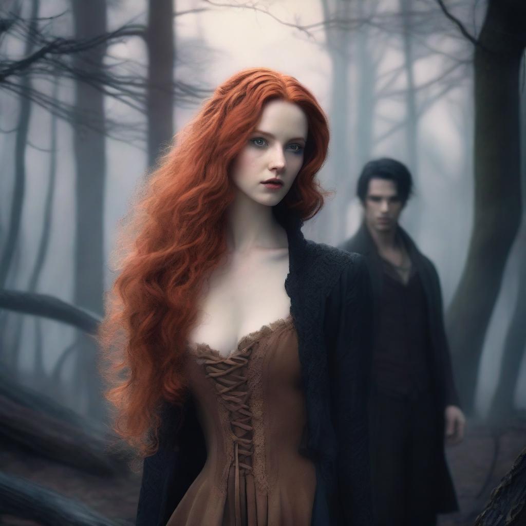 A beautiful human woman with long ginger hair is standing in the wilderness, looking towards the viewer