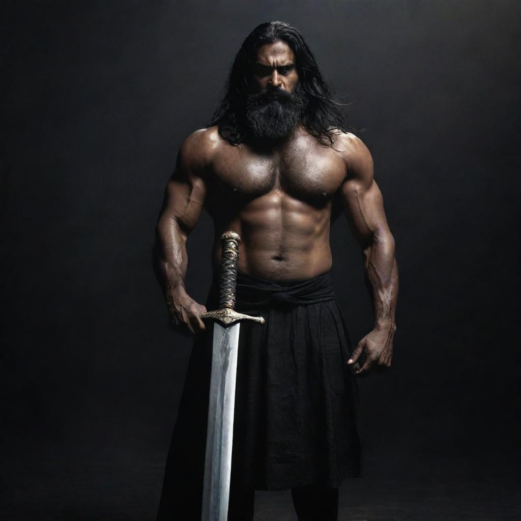 A towering, menacing and muscular middle-aged Indian man with long black hair and a full, thick beard, set against a dark moody atmosphere. He wields a long sword with ominous gold engravings