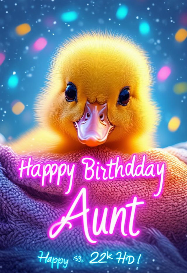 A beautiful book cover with 'Happy Birthday Aunt' in neon text, featuring a duckling in a blanket, rendered in 32k HD.