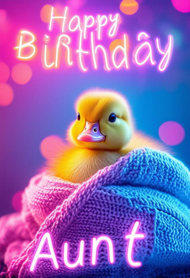 A beautiful book cover with 'Happy Birthday Aunt' in neon text, featuring a duckling wrapped in a blanket, with a vibrant and cheerful background