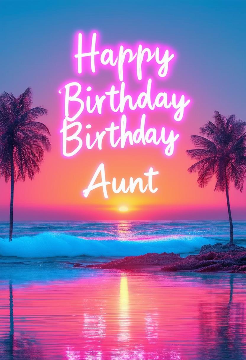 A beautiful book cover with 'Happy Birthday Aunt' in neon text, featuring a stunning sunrise landscape background, with a cheerful and elegant aesthetic