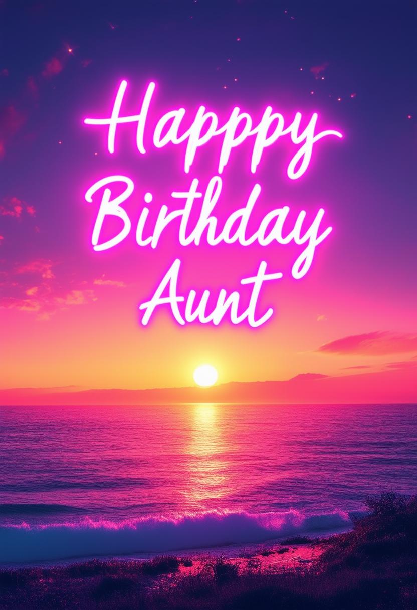 A beautiful book cover with 'Happy Birthday Aunt' in neon text, featuring a stunning sunrise landscape background, with a cheerful and elegant aesthetic