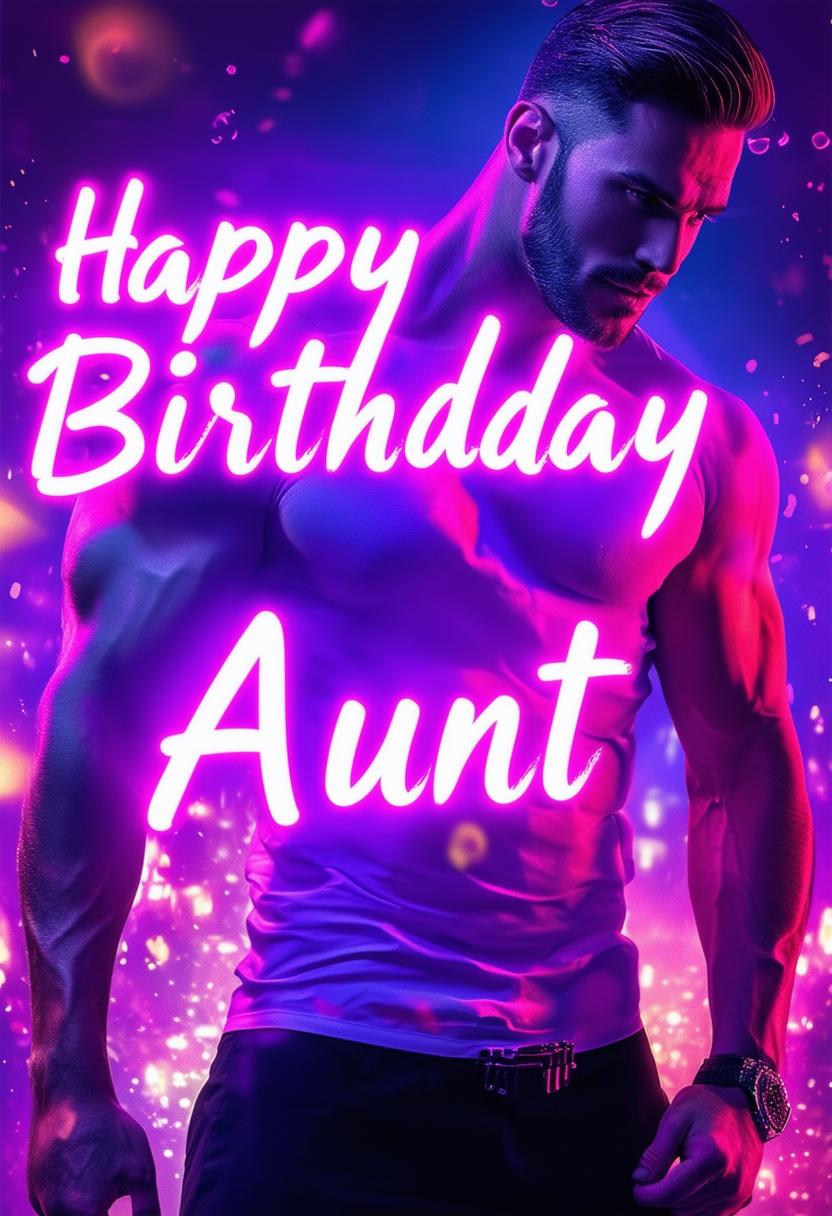 A beautiful book cover with 'Happy Birthday Aunt' in neon text, featuring a super handsome, muscular man in the background, with a bold and captivating aesthetic