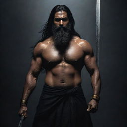 A towering, menacing and muscular middle-aged Indian man with long black hair and a full, thick beard, set against a dark moody atmosphere. He wields a long sword with ominous gold engravings