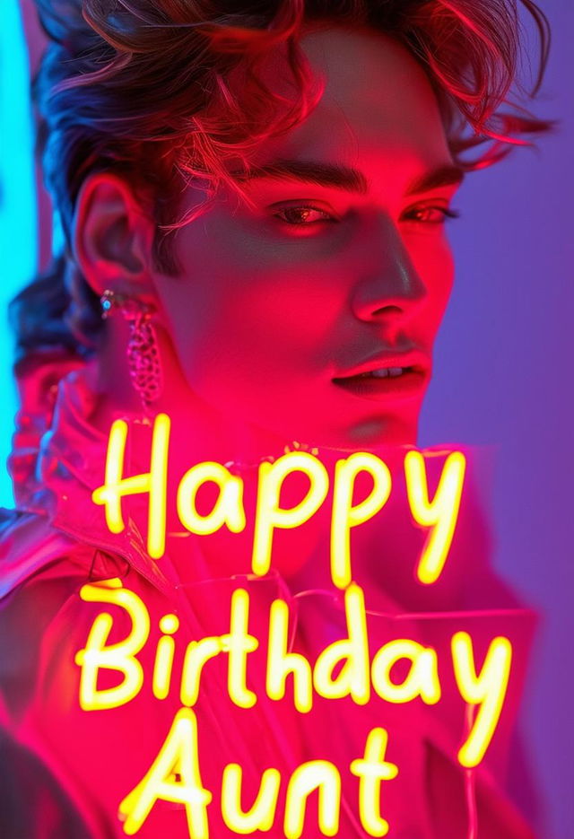 A beautiful book cover with 'Happy Birthday Aunt' in neon text, featuring a male supermodel in the background, with a glamorous and captivating aesthetic