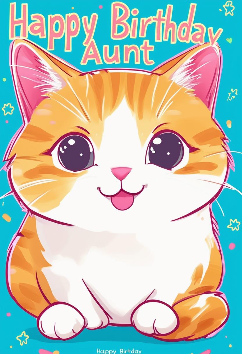 A beautiful book cover with 'Happy Birthday Aunt' in neon text, featuring an adorable anime-style cat inspired by Studio Ghibli, with a cute and captivating aesthetic