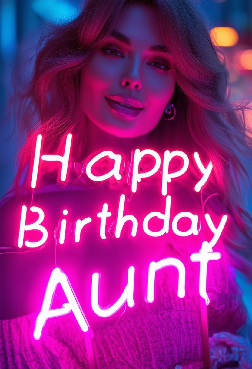 A beautiful book cover with 'Happy Birthday Aunt' in neon text, featuring an elegant aunty in the background, with an elegant and heartwarming aesthetic