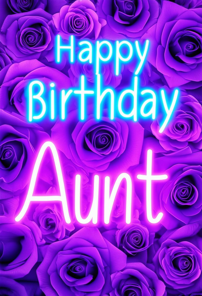 A beautiful book cover with 'Happy Birthday Aunt' in neon text, featuring a background of intricate and vibrant purple roses, with an elegant and captivating aesthetic