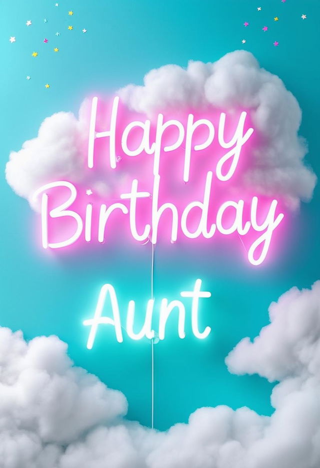 A beautiful book cover with 'Happy Birthday Aunt' in neon text, featuring a cute cloud background, with a charming and delightful aesthetic