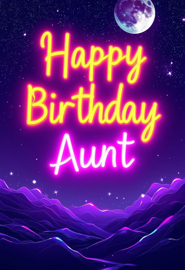 A beautiful book cover with 'Happy Birthday Aunt' in neon text, featuring a stunning night sky background filled with twinkling stars and a prominent moon, with an elegant and mesmerizing aesthetic