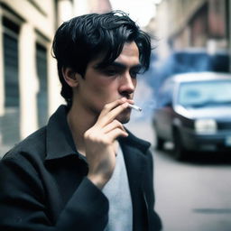 A young man with dyed black hair is smoking a cigarette