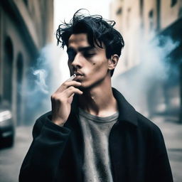 A young man with dyed black hair is smoking a cigarette