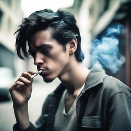 A young man with dyed black hair is smoking a cigarette