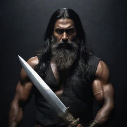 A towering, menacing and muscular middle-aged Indian man with long black hair and a full, thick beard, set against a dark moody atmosphere. He wields a long sword with ominous gold engravings