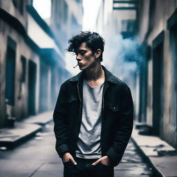 A young man with dyed black hair is smoking a cigarette