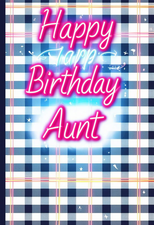 A beautiful book cover with 'Happy Birthday Aunt' in neon text, featuring a charming gingham pattern background with a stylish and delightful aesthetic