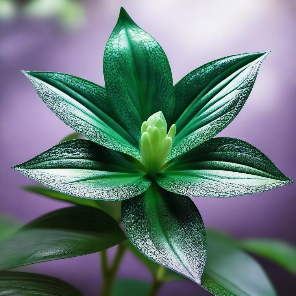 A plant with lush, dark green foliage and intricately patterned leaves that shimmer with iridescent hues in the presence of mana