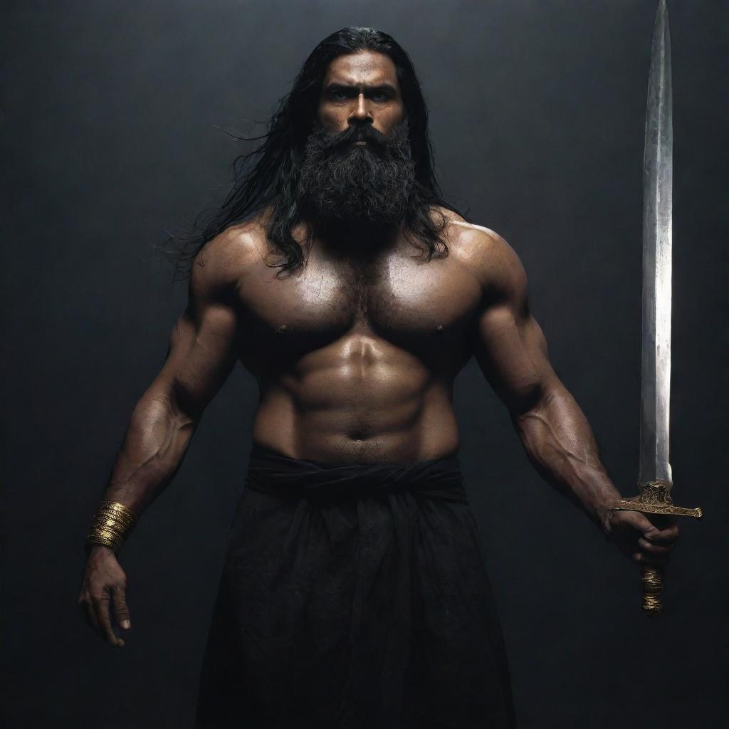 A towering, menacing and muscular middle-aged Indian man with long black hair and a full, thick beard, set against a dark moody atmosphere. He wields a long sword with ominous gold engravings