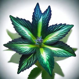 A plant with lush, dark green foliage and intricately patterned leaves that shimmer with iridescent hues in the presence of mana