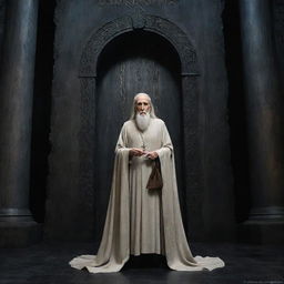 A full-length portrait of Sir Christopher Lee in his iconic role as Saruman from 'The Lord of the Rings', standing in the majestic tower of Orthanc in Isengard.