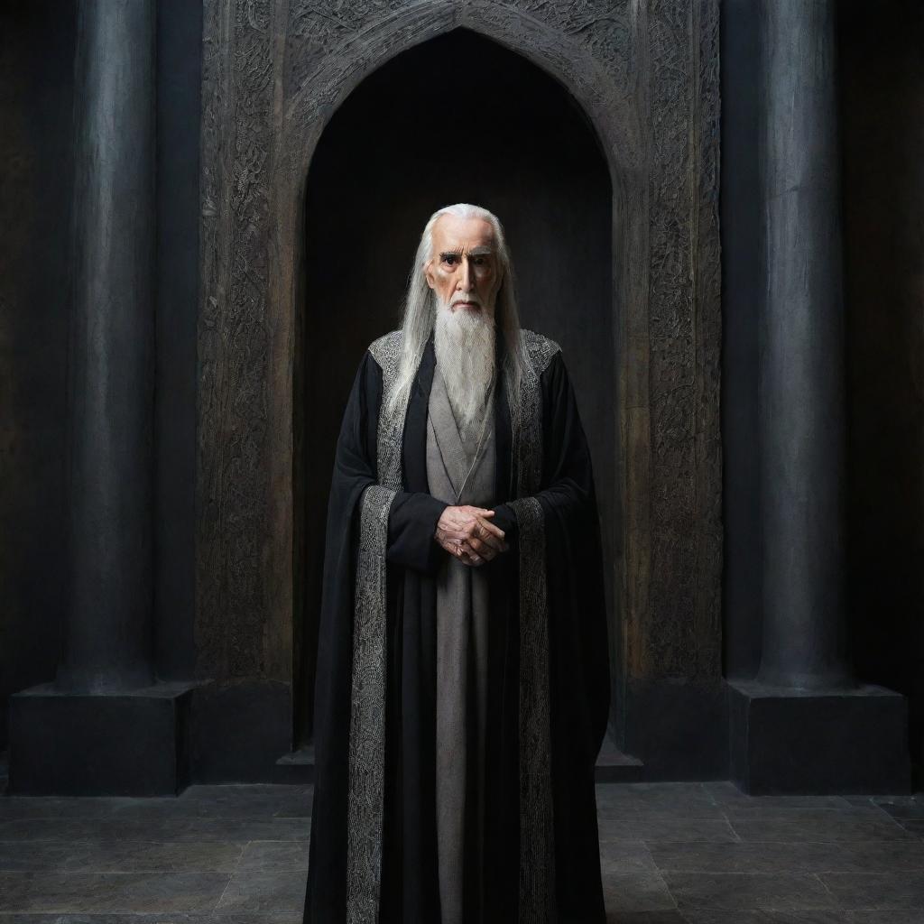 A full-length portrait of Sir Christopher Lee in his iconic role as Saruman from 'The Lord of the Rings', standing in the majestic tower of Orthanc in Isengard.