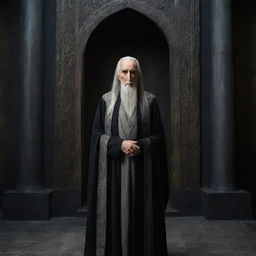 A full-length portrait of Sir Christopher Lee in his iconic role as Saruman from 'The Lord of the Rings', standing in the majestic tower of Orthanc in Isengard.