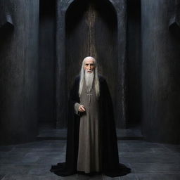 A full-length portrait of Sir Christopher Lee in his iconic role as Saruman from 'The Lord of the Rings', standing in the majestic tower of Orthanc in Isengard.