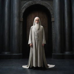 A full-length portrait of Sir Christopher Lee in his iconic role as Saruman from 'The Lord of the Rings', standing in the majestic tower of Orthanc in Isengard.