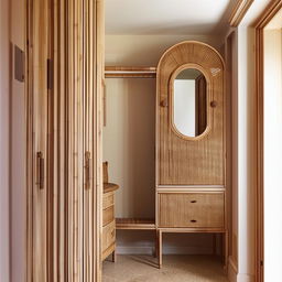 A classic, small entrance hall with modern influence, featuring a rattan closet. The color scheme boasts shades of beige and pistachio, and is completed by a tastefully positioned mirror.