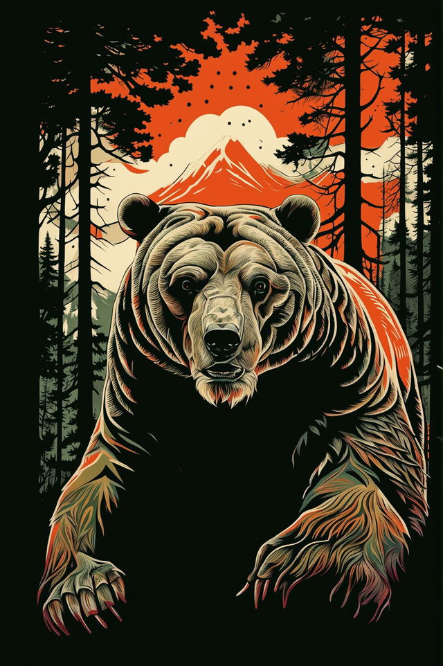 Create a screen print artwork of a black bear in a forest setting with tall pine trees and dense foliage